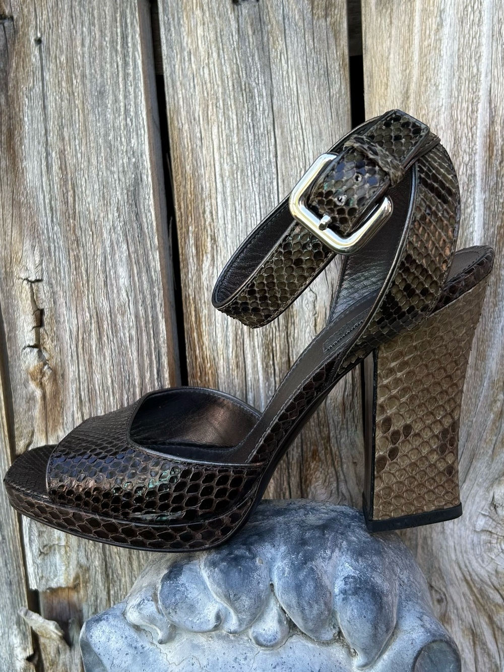 Prada Vintage Snakeskin Sandal Brown Olive Green 36.5